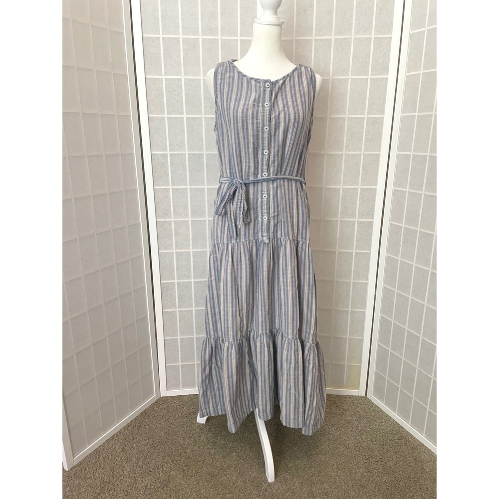Max Studio Striped Tiered Midi Dress M 100% Cotton Coastal Boho Nautical Cottage